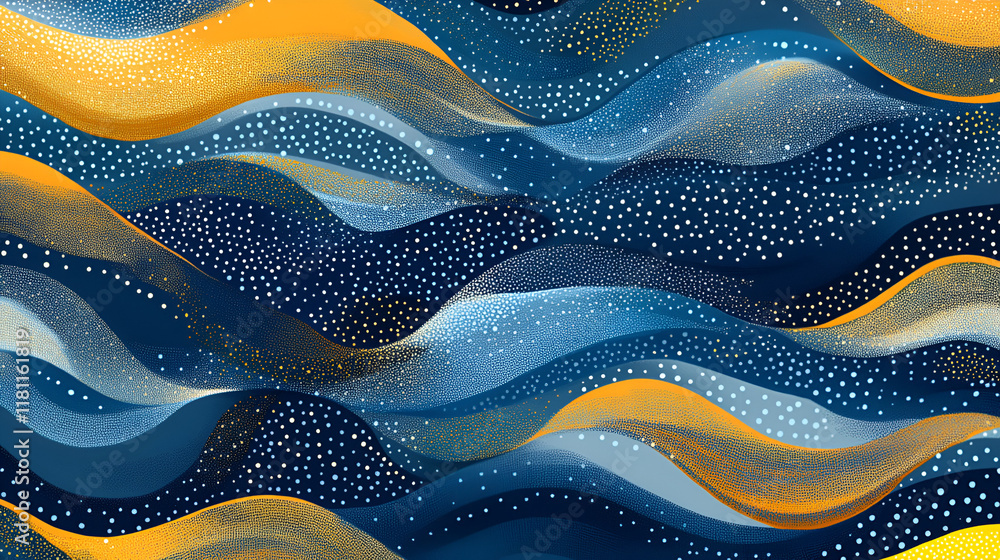 Poster abstract flow: a mesmerizing abstract pattern of swirling waves in shades of blue and gold with subt