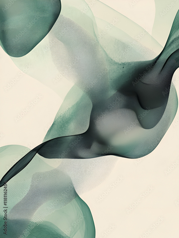 Aufkleber abstract teal flow: fluid forms in shades of teal and dark green dance across a soft beige backgroun