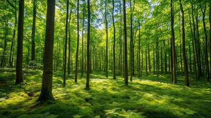 Obraz premium Sun-Dappled Forest: A Tranquil Green Haven