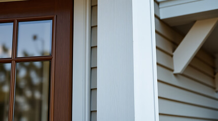 Fototapeta premium Close-up view of a house exterior showing a dark brown door with a multi-paned window, a white painted column, and light beige horizontal siding. A portion of an eave is visible.
