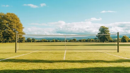 Tennis Court with Green Grass and Clear Blue Sky