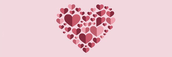 A minimalist Valentine's Day poster design with a creative illustration of a heart made of multiple smaller hearts. The hearts are in various shades of red and pink