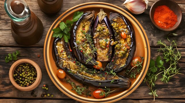 Dish of Makdous, eggplant served on a wooden background, highlighting the flavors of a traditional Middle Eastern dish