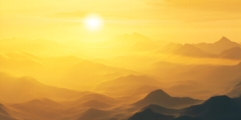 Golden Hour Panorama: A breathtaking vista of majestic mountains bathed in the golden hues of a breathtaking sunset. The sun, a brilliant orb, sets behind the peaks.