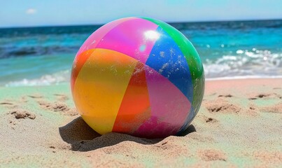 Obraz premium Colorful beach ball on sandy shore, ocean waves in background, summer fun.