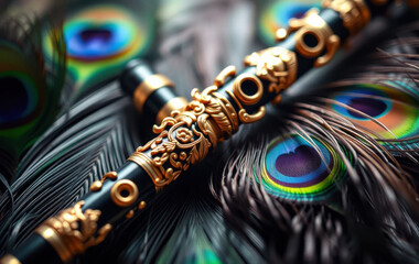 A close-up of a beautifully decorated flute resting amidst peacock feathers, their iridescent colors blending harmoniously with the golden carvings on the flute. 