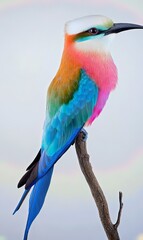 Fototapeta premium Colorful bird perched on branch, light background, wildlife photography, nature image.