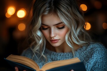 Blonde woman reads book in warm ambient lighting