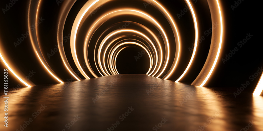 Poster glowing circular tunnel: an abstract and futuristic hallway, illuminated by a series of glowing neon