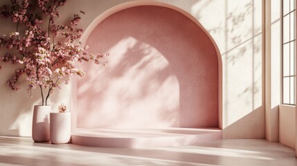 Pink archway interior with platform, cherry blossoms, and sunlight.