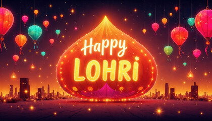 Colorful sign that says Happy Lohri. The sign is surrounded by many colorful balloons. The balloons are in different shapes and sizes. For Banner, poster, background, greeting card