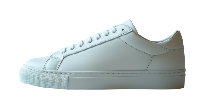 Minimalistic white sneakers displayed on clean surface urban setting product contemporary style side view isolated on transparent background png