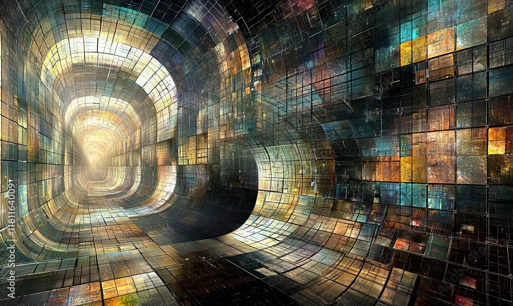 Poster colorful digital tunnel with light at the end, symbolizing data flow, for tech backgrounds.