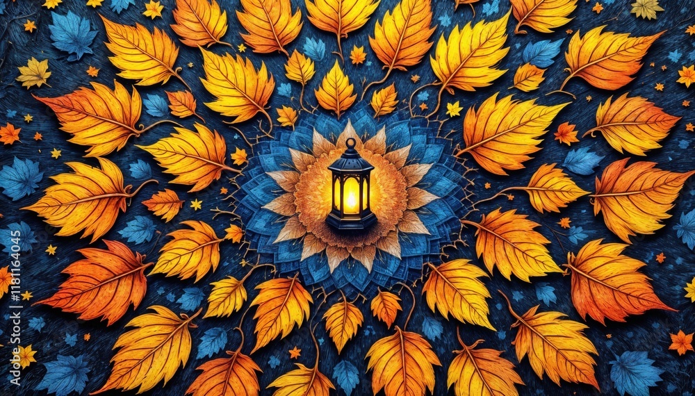 Poster colorful leafy pattern with a lantern in the center. the lantern is lit, creating a warm and invitin