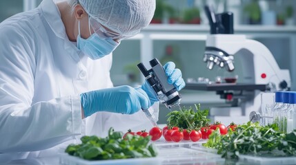 Food Authenticity Testing Scientist Conducting Intricate Analysis of Fresh Produce in a Modern Laboratory Setting