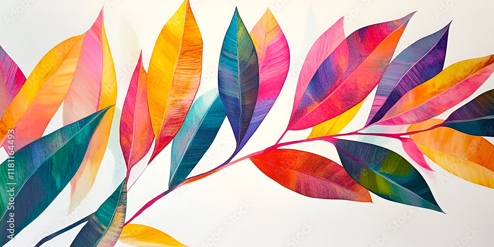 Poster vibrant branch of colorful leaves: a stylized branch adorned with richly hued leaves in a spectrum o
