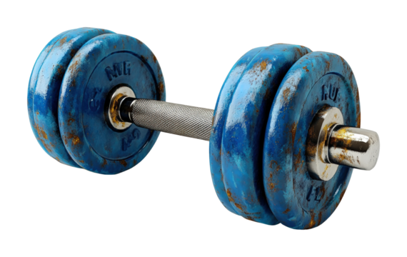 Blue dumbbell on fitness equipment product studio setup high fidelity minimalist design isolated on transparent background png