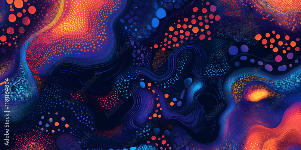 Poster cosmic swirl: an abstract digital painting explodes with vibrant hues of deep blues, fiery oranges, 