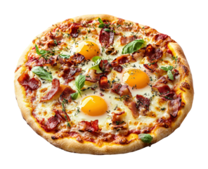 Delicious breakfast pizza with eggs and bacon home kitchen food cozy setting culinary experience isolated on transparent background png