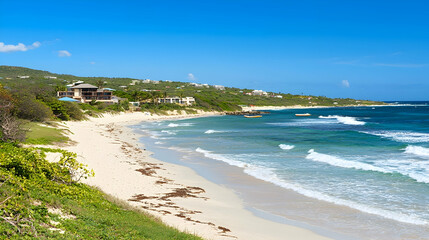 Caribbean beach tranquil waves, pristine sand, luxury homes, blue ocean.