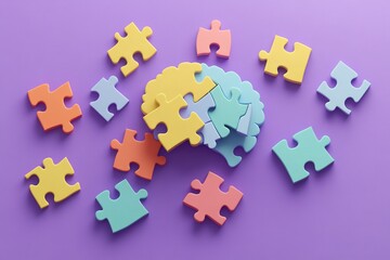 Naklejka premium Colorful puzzle pieces forming a brain shape on purple background, symbolizing mental health and problem-solving.