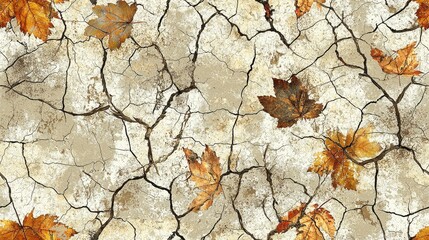 Autumn Leaves on Cracked Earth Fall Season Texture Background