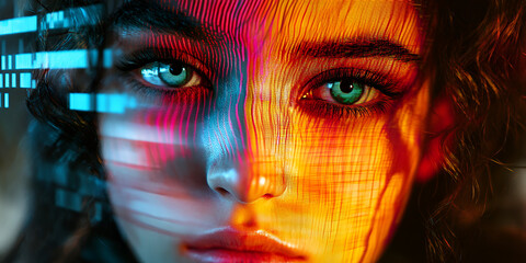 Digital Eyes:  A close-up portrait of a woman with captivating emerald green eyes, captivatingly framed by a mesmerizing blend of digital light and textures.