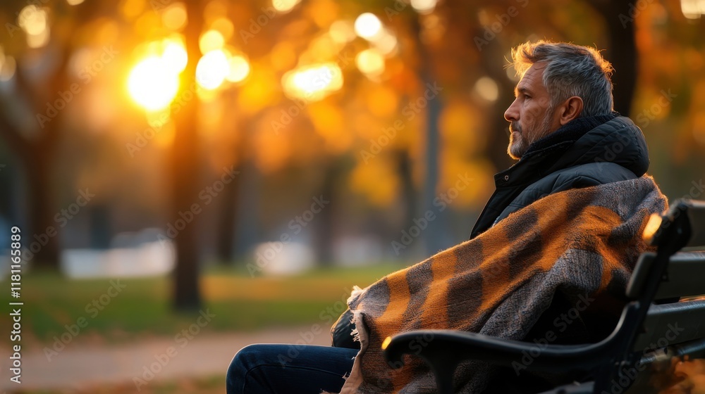 Poster man enjoys peaceful moment on park bench wrapped in blanket with warm autumn sunlight filtering thro