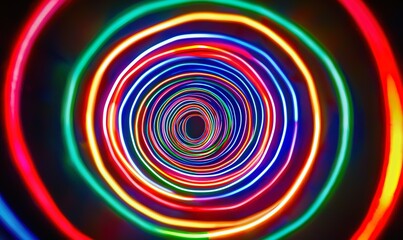 Colorful swirling light trails tunnel background for digital art, motion graphics, visual effects.