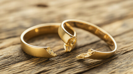 Broken wedding rings on wooden surface. Represents relationship challenges and divorce concepts