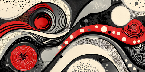 Obraz premium Abstract Whirlwind: A dynamic interplay of swirling lines, bold red accents, and contrasting black and off-white tones creates a visually striking abstract artwork, full of energy and movement. 