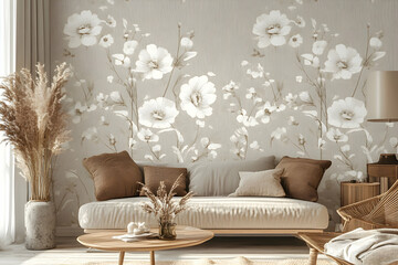 Beige floral wallpaper pattern design, ideal for elegant and classic interior designs 