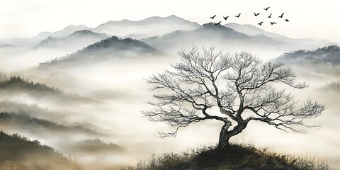 Fototapeta premium Misty mountain landscape, lone tree, birds flying, serene nature scene, wall art.