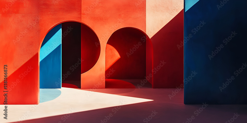 Poster abstract architectural forms: a vibrant interplay of red and blue architectural forms creates a visu