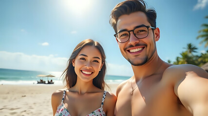 Obraz premium In una soleggiata mattina estiva, una coppia si scatta un selfie su un traghetto, circondati da una vista panoramica. In una spiaggia tropicale