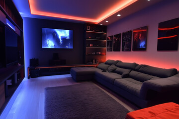 Futuristic apartment room interior design in the neon lights background.