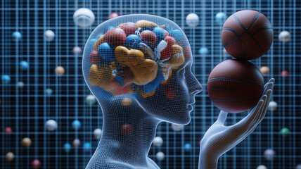 human head in profile showcases transparent brain filled with colorful shapes, balancing two basketballs in hand, symbolizing creativity and sports