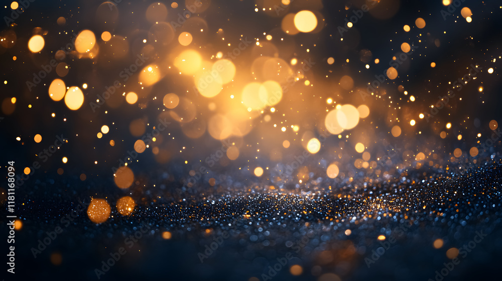 Poster a backdrop with falling golden glitter particles, creating a magical light effect.