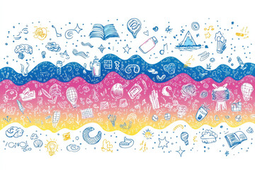 Obraz premium Vibrant doodle illustration with colorful waves and playful icons