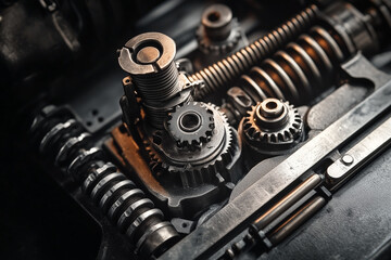 Fototapeta premium Mechanism close up, gears and cogwheels, mechanical engineering background, machinery.