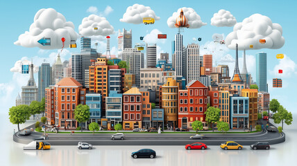 vibrant cityscape featuring modern buildings, vehicles, and clouds with digital icons representing smart technology and IoT. scene captures urban life and innovation