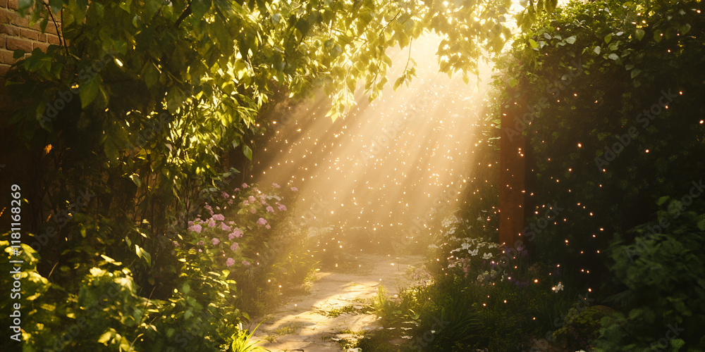 Poster sunlit path in enchanted forest: a sunbeam pierces through the dense foliage of an enchanted forest,