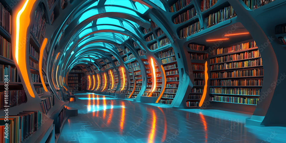 Aufkleber futuristic library: a mesmerizing digital rendering of a futuristic library, featuring a spiraling c