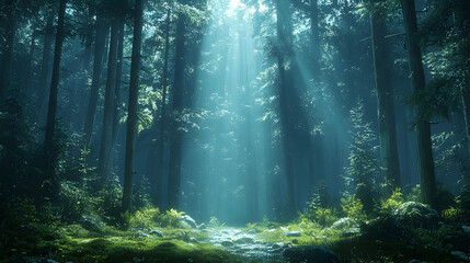 Obraz premium Sunbeams pierce misty forest path, tranquil nature scene, ideal for game background.