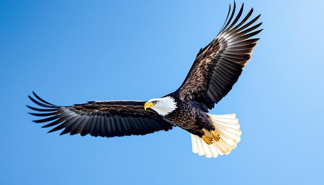 Majestic Bald Eagle in Flight Soaring High Above the Clear Blue Sky A Breathtaking Display of Nature's Power and Freedom