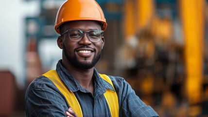 confident African American engineer wearing hard hat and safety glasses, smiling in factory setting. His bright yellow safety vest contrasts with industrial background
