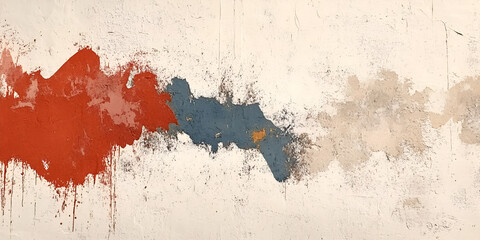 Fototapeta premium Abstract Wall Texture: A captivating abstract image featuring a textured wall with splashes of red, blue, and beige paint creating a dynamic and expressive composition.