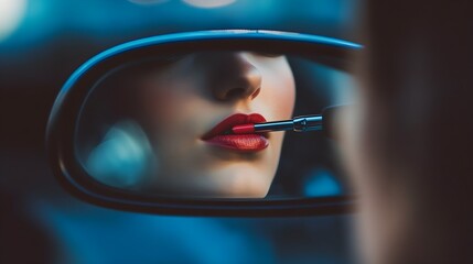 A photo of a woman putting on lipstick while sitting in her car’s rearview mirror.