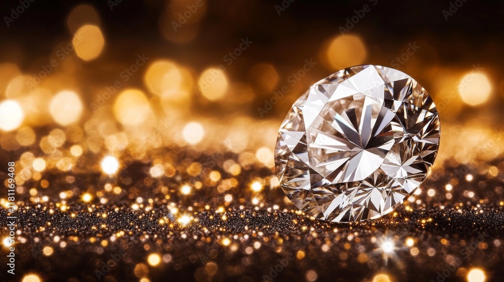 Poster close-up of sparkling diamond on dark background with golden stars, creating bokeh effect, various s