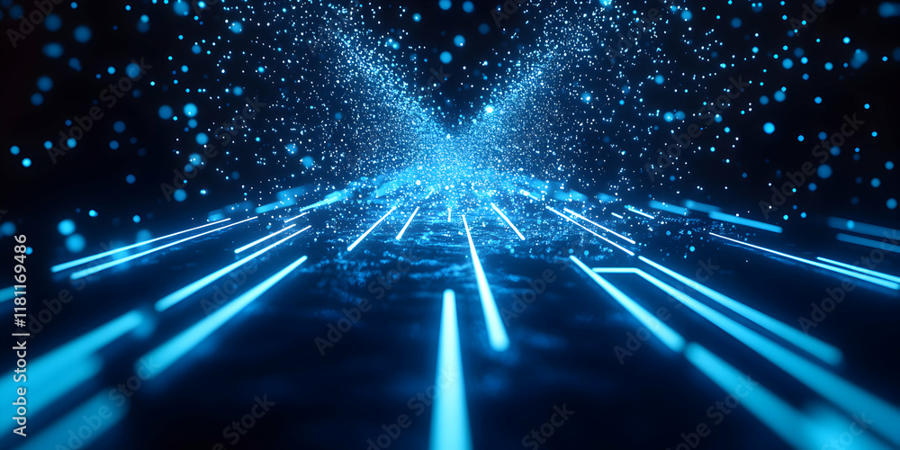 Poster abstract digital flow: glowing blue lines intersect with a field of shimmering particles, creating a